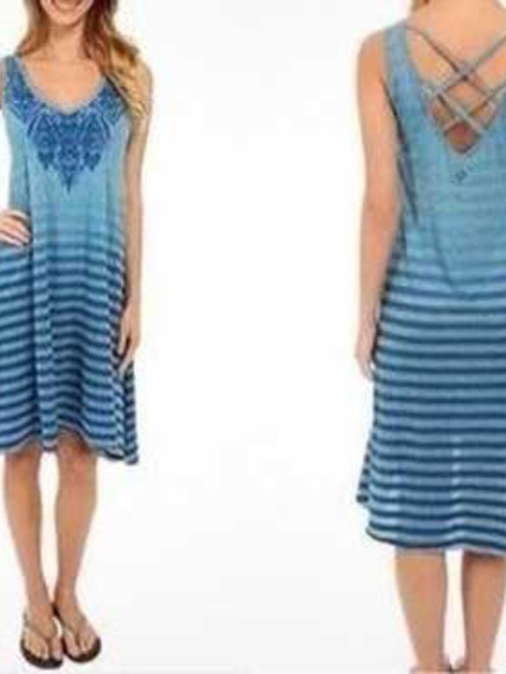 PRANA M Henna Ombré Blue Gray Criss Cross Strap Striped High Lo Sleeveless Dress